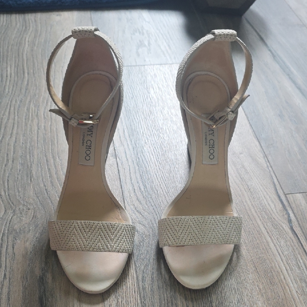Jimmy Choo Cream Woven Leather Ankle-Strap Heels - Picture 10 of 10